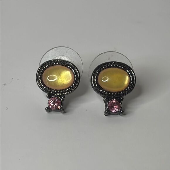 Dainty Post Back Pink and Yellow Stone Stud Earrings - Picture 1 of 2